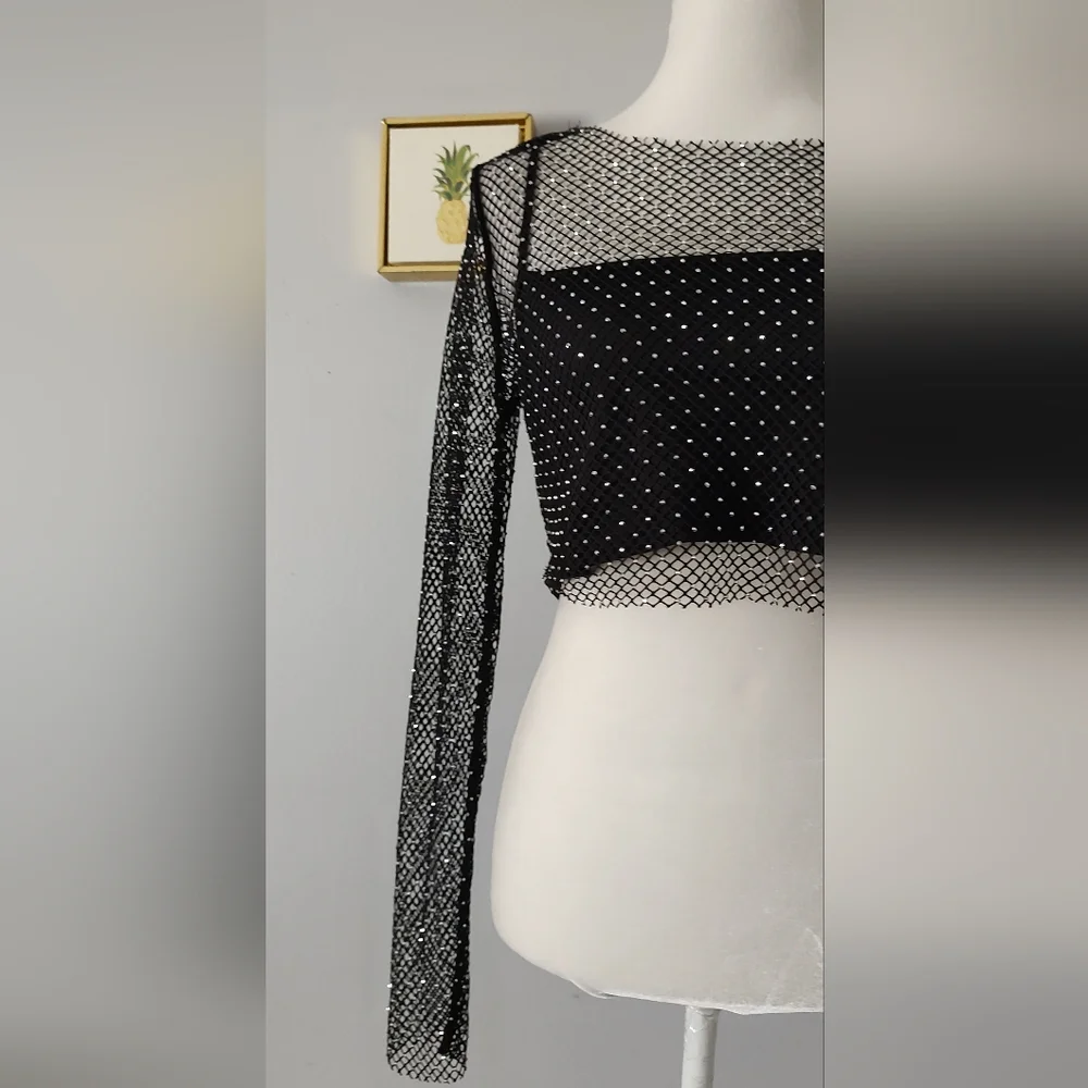 Sincerely Jules Crop top Mesh  Black Shiny Style Sexy  2 Piece New    Medium - Picture 3 of 10